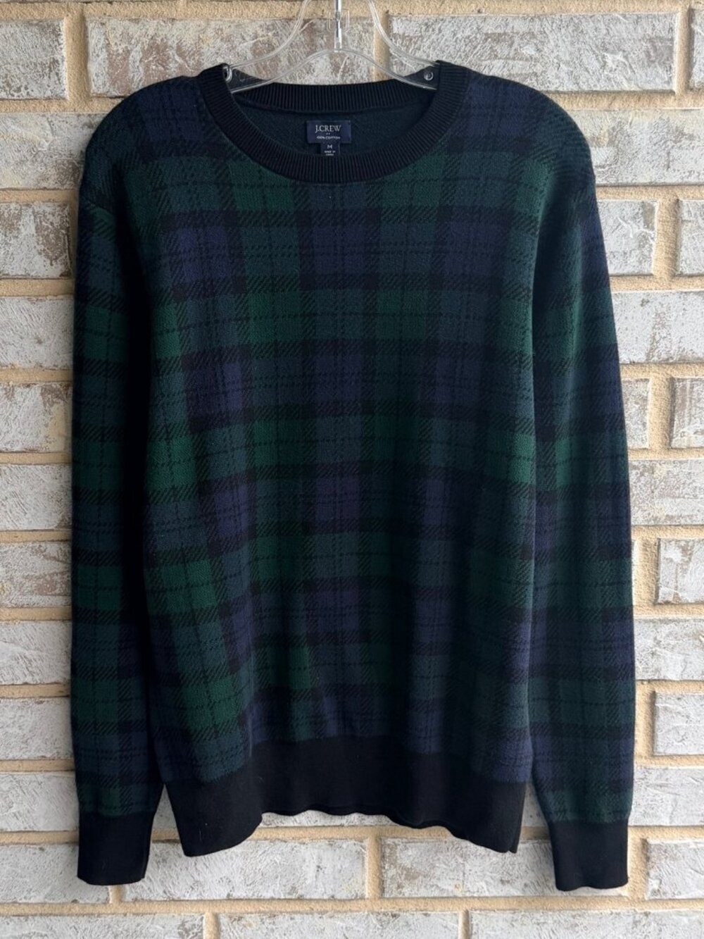J. Crew Long Sleeve Crew Neck Blue/Green Plaid 100% Cotton Sweater Men's Size M